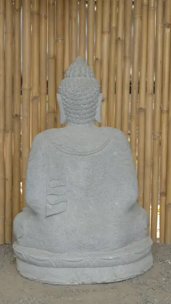 Product image 7 of the product “Seated Buddha with floral carving - Abhaya position. About 68cm length, 42cm width, 100cm height. Natural stone (river stone), stonemasonry ”